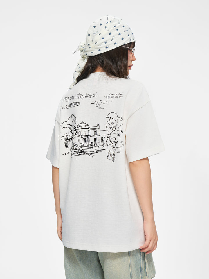 (AFGK) "Sketch Art Slub Cotton Graphic Tee"