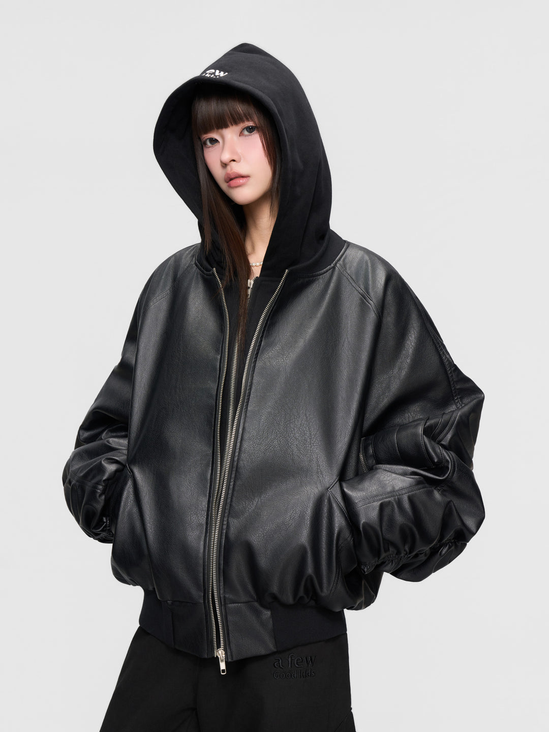 DONCARE(AFGK) "Leather hooded bomber jacket"