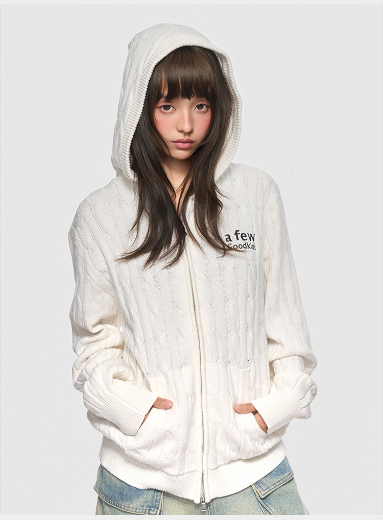 (AFGK) "Cable-Knit Hooded Cardigan"