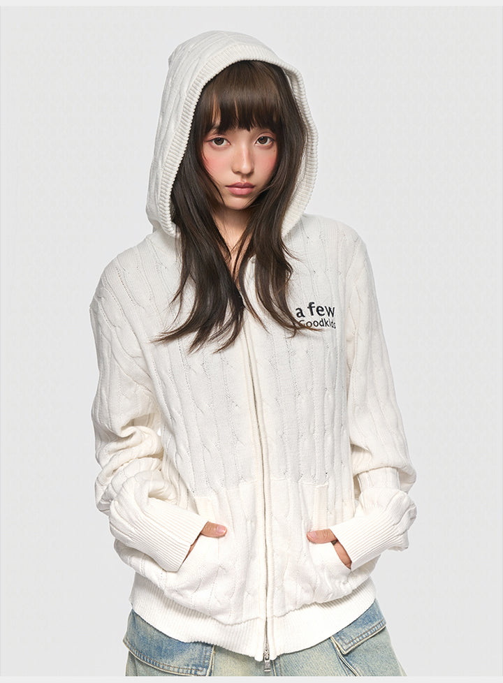 (AFGK) "Cable-Knit Hooded Cardigan"