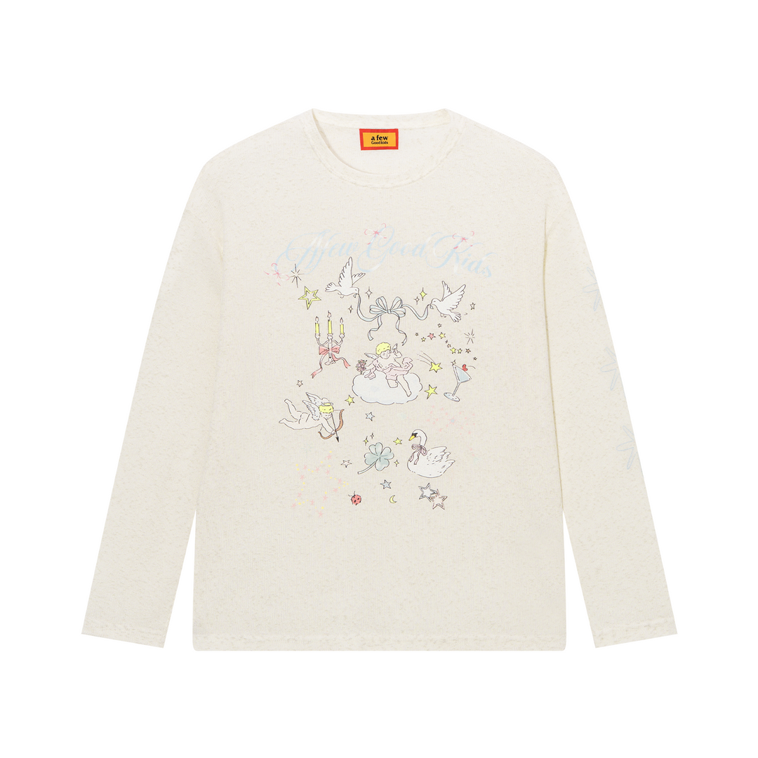 White sweater with colorful embroidery on a white background