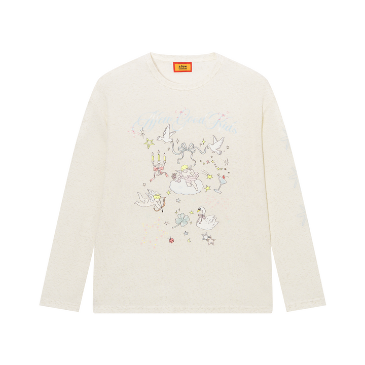 White sweater with colorful embroidery on a white background