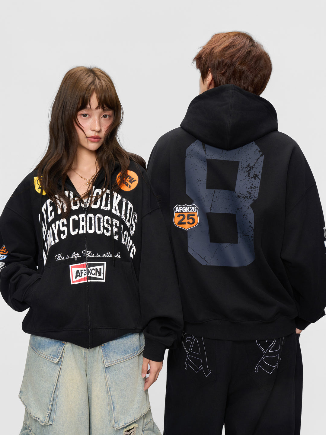 DONCARE(AFGK) "Distressed logo zip hoodie"