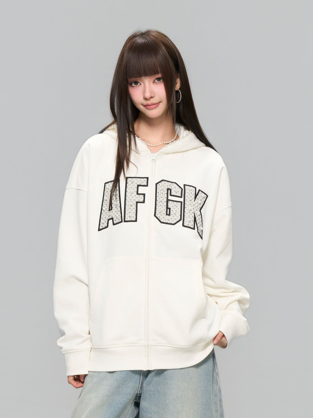 DONCARE(AFGK) "Pearl logo zip hoodie"