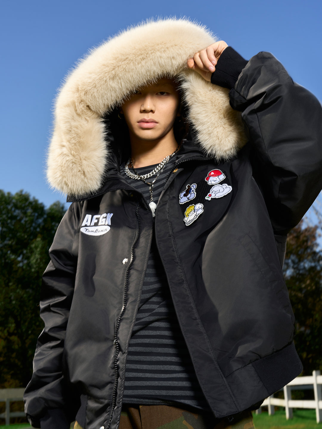 AFGK X TOMBONIA "Velcro logo fur jacket"