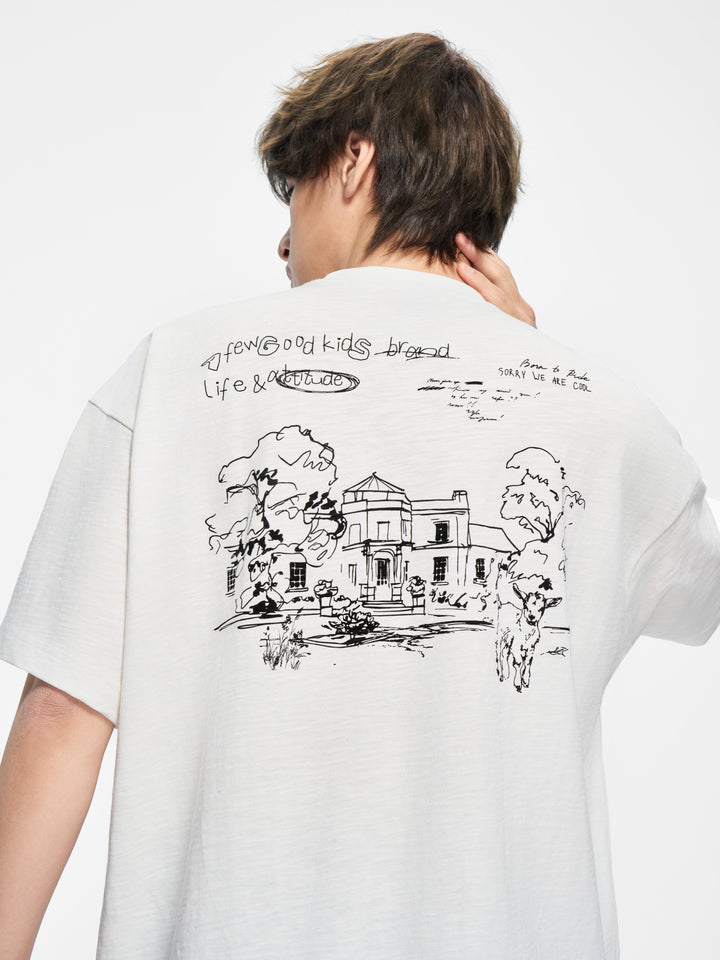 (AFGK) "Sketch Art Slub Cotton Graphic Tee"