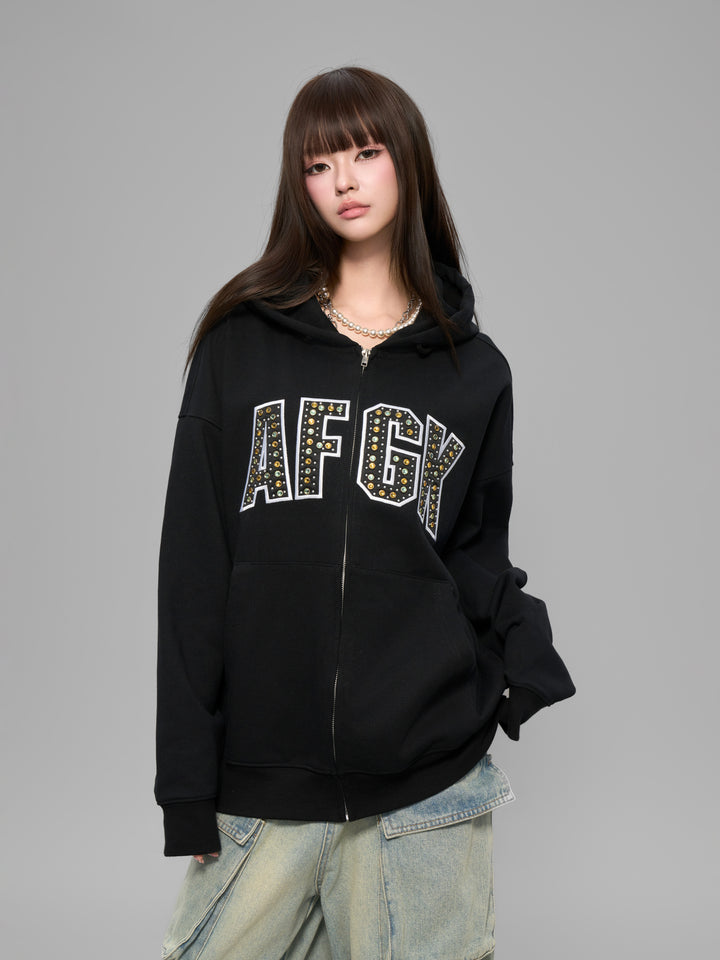 Crystal studs zip hoodie