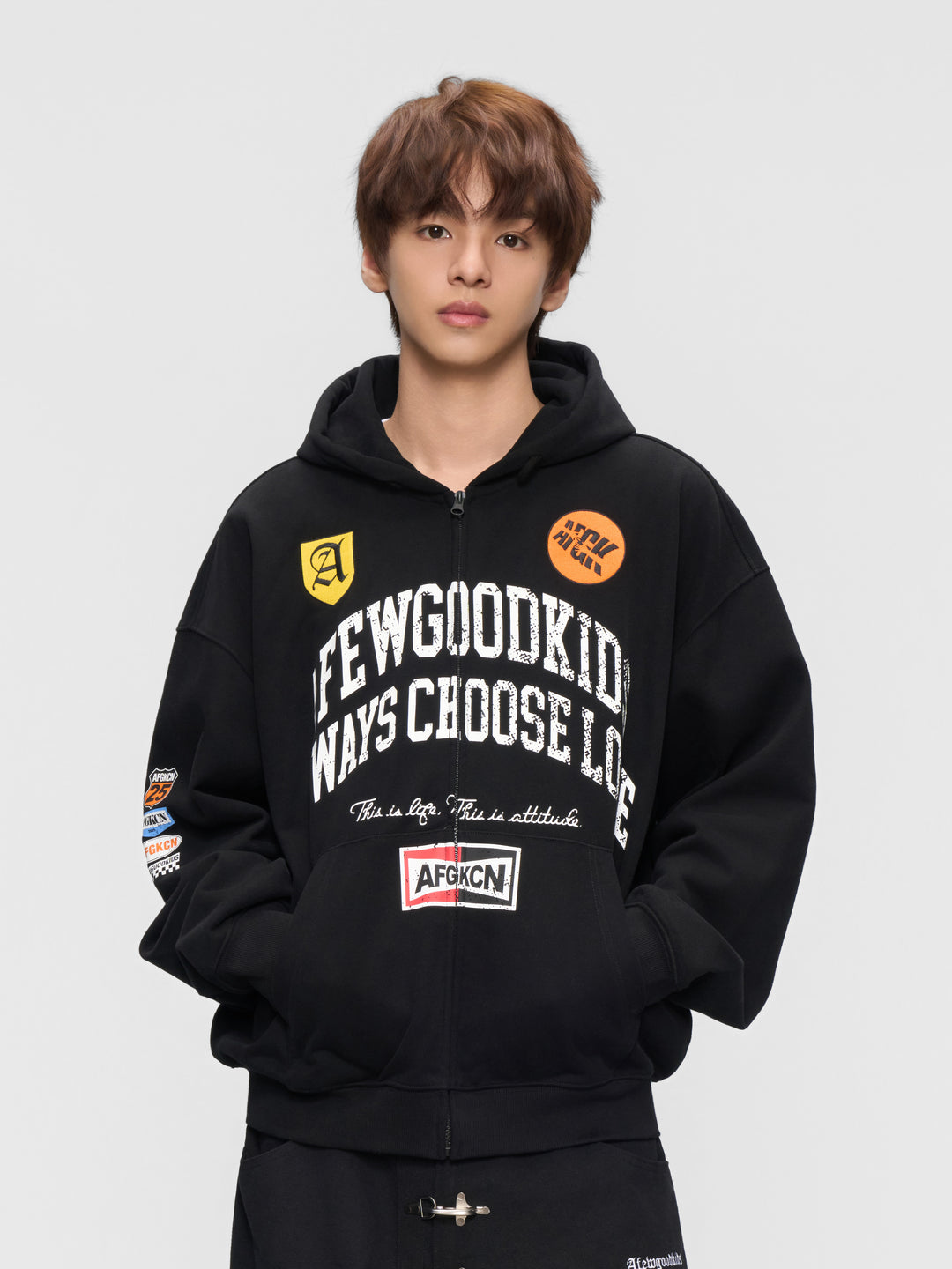 DONCARE(AFGK) "Distressed logo zip hoodie"