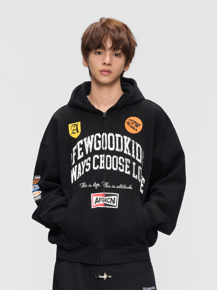 DONCARE(AFGK) "Distressed logo zip hoodie"