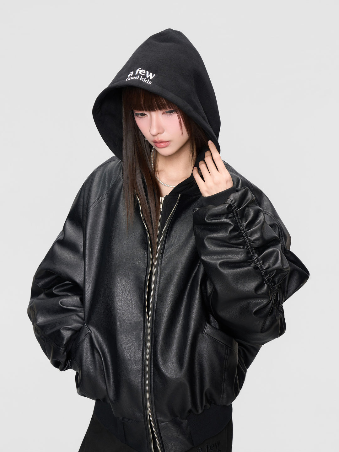DONCARE(AFGK) "Leather hooded bomber jacket"