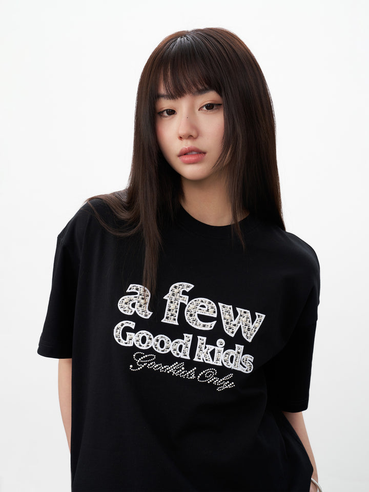 DONCARE(AFGK) "Embroidered tweed logo tee"