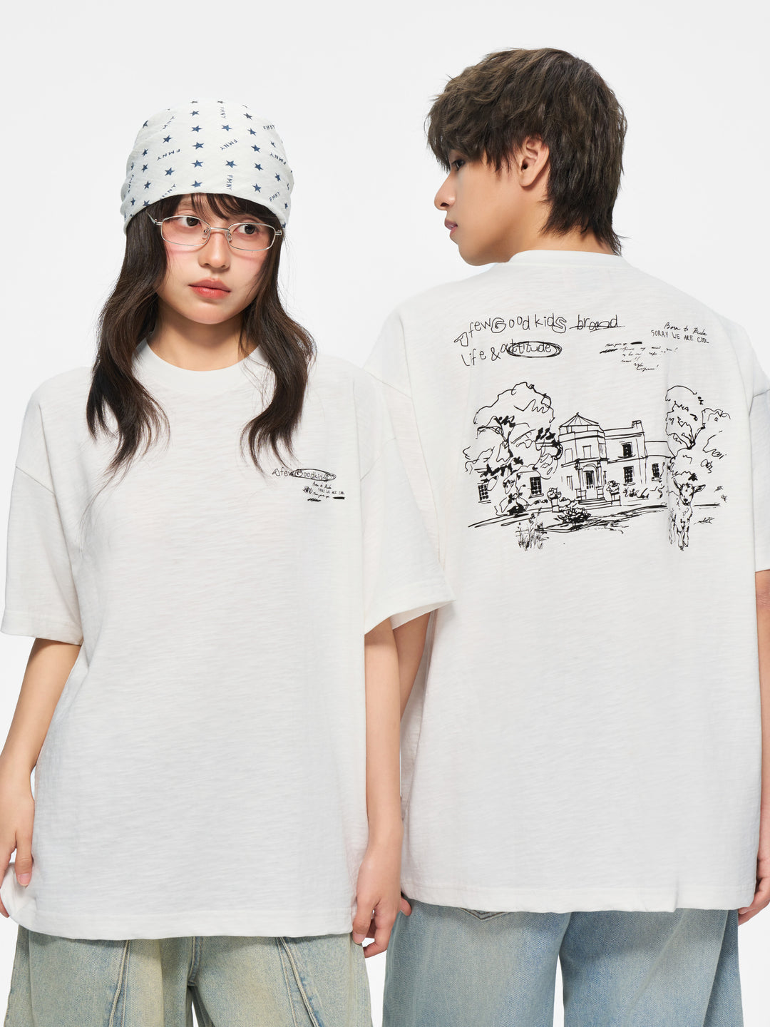 (AFGK) "Sketch Art Slub Cotton Graphic Tee"