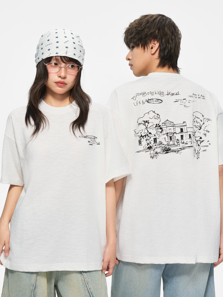 (AFGK) "Sketch Art Slub Cotton Graphic Tee"