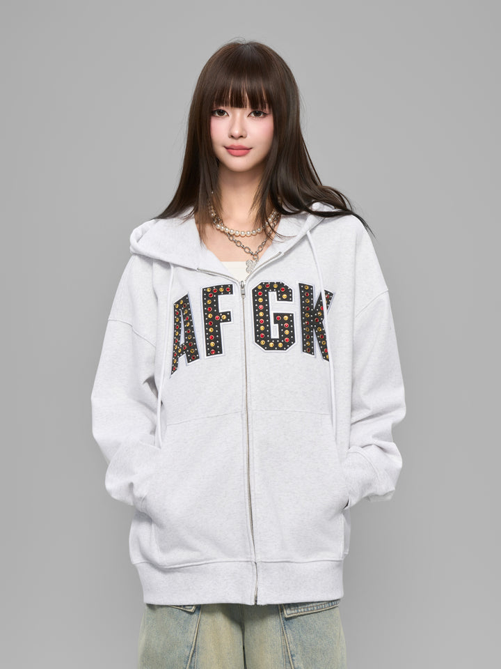 Crystal studs zip hoodie