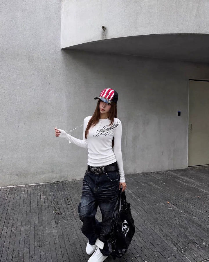 (AFGK) "V-Neck Logo Long Sleeve T-Shirt"