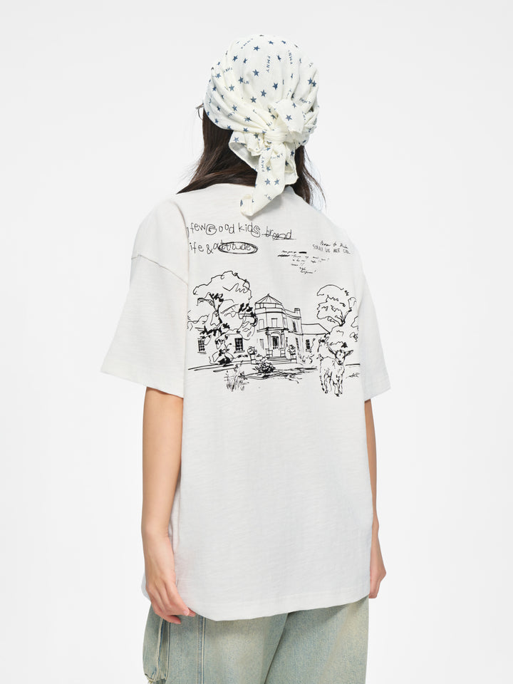 (AFGK) "Sketch Art Slub Cotton Graphic Tee"