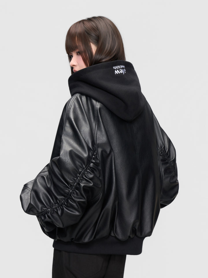 DONCARE(AFGK) "Leather hooded bomber jacket"