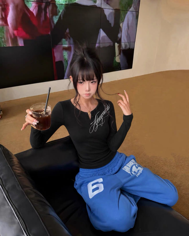 (AFGK) "V-Neck Logo Long Sleeve T-Shirt"