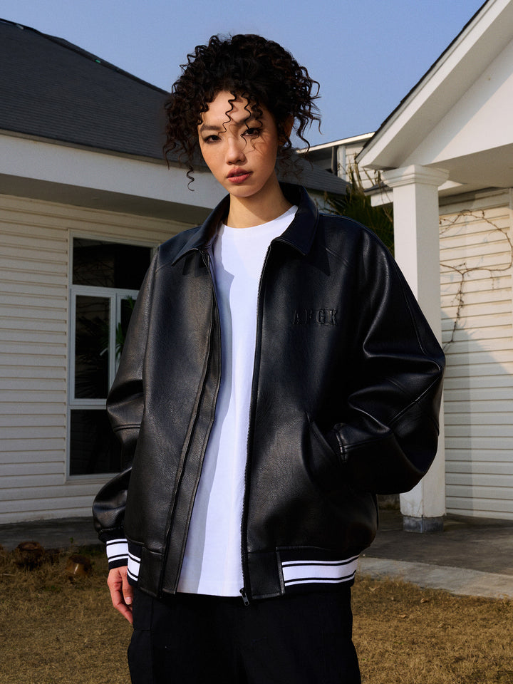 DONCARE(AFGK) “Embossed logo leather jacket”