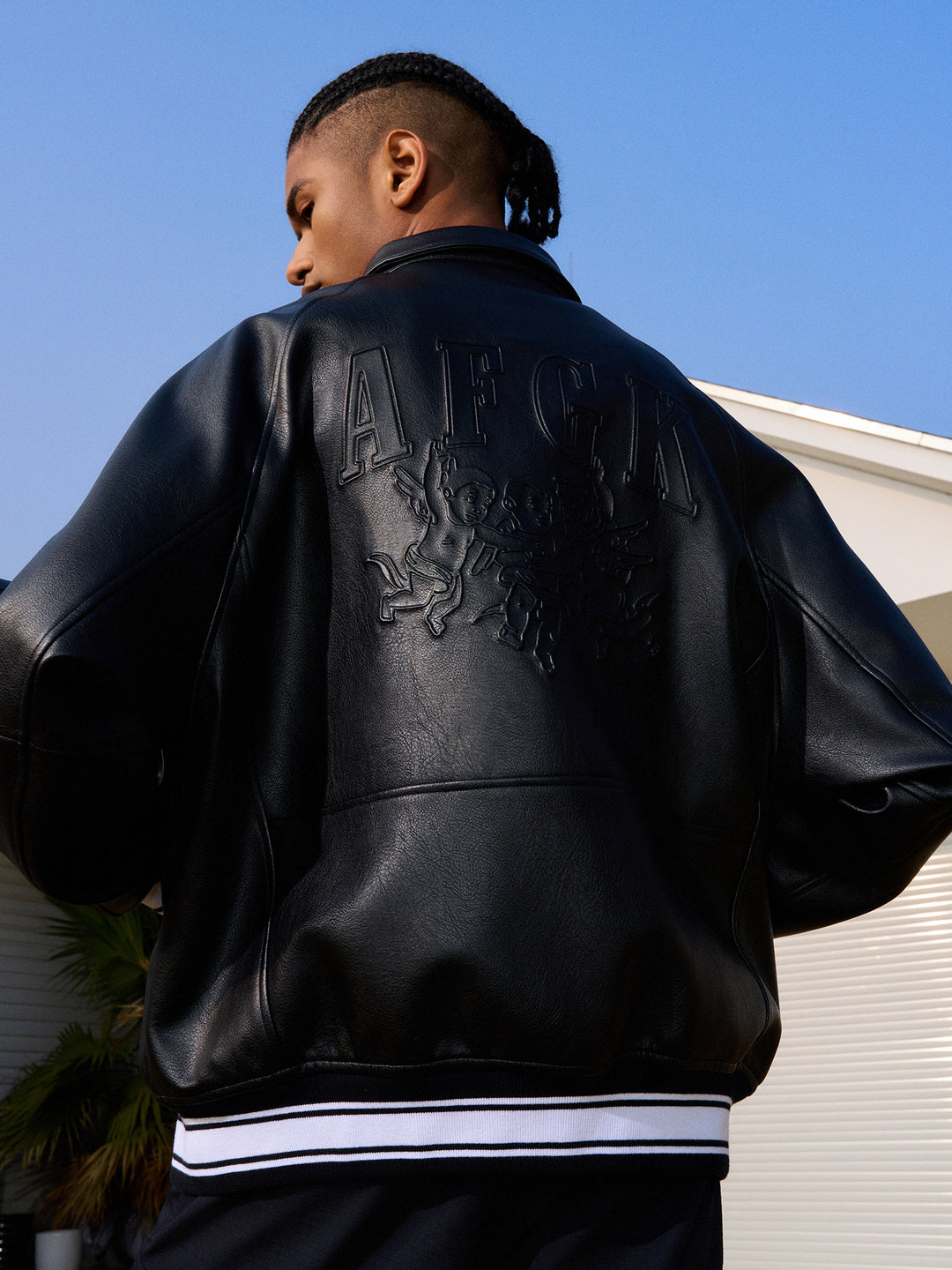 DONCARE(AFGK) “Embossed logo leather jacket”