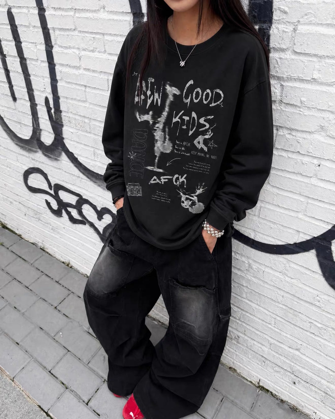 (AFGK) "Vintage Distressed Long Sleeve Tee"