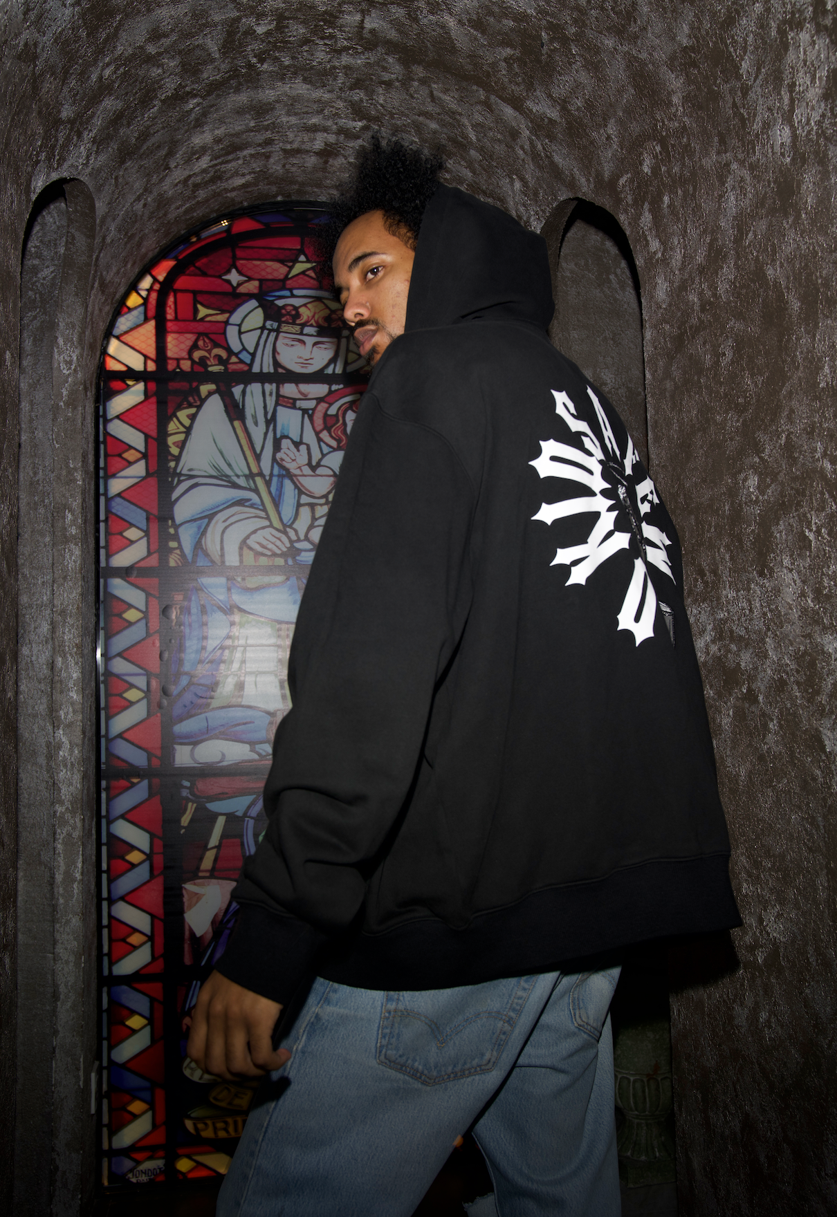 DONCARE(AFGK) "Rhinestone Gothic logo zipped hoodie" - Black