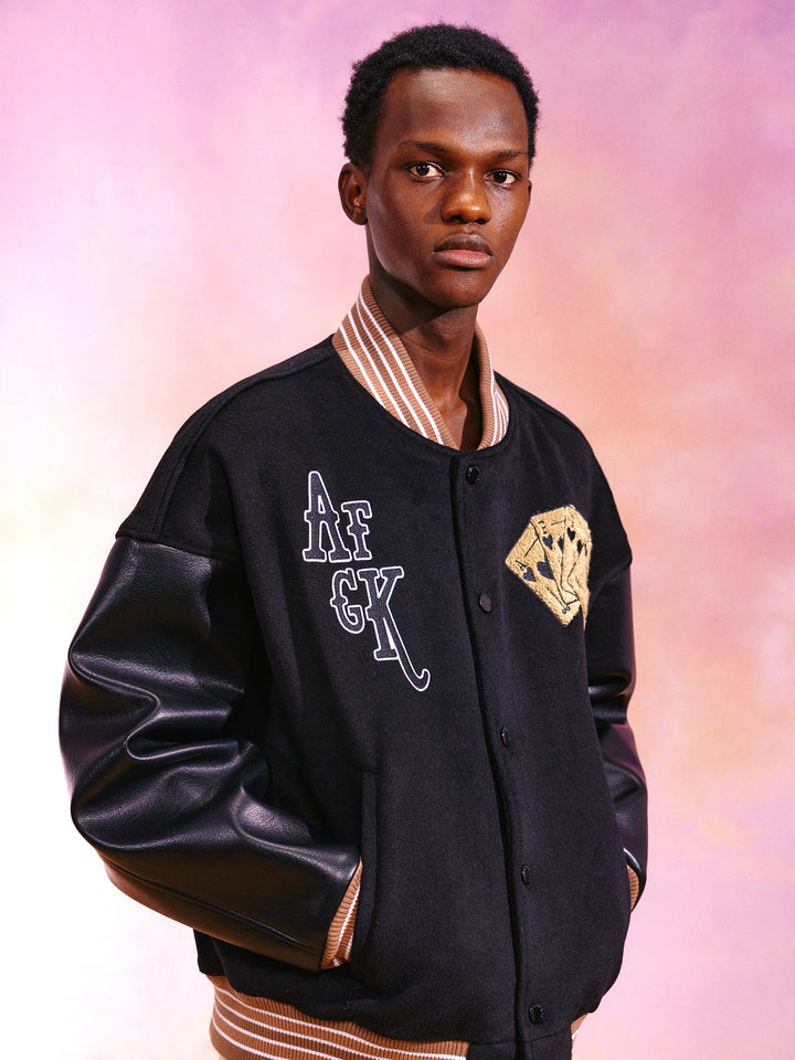 DONACARE(AFGK) "Dice Leather Varsity Jacket"