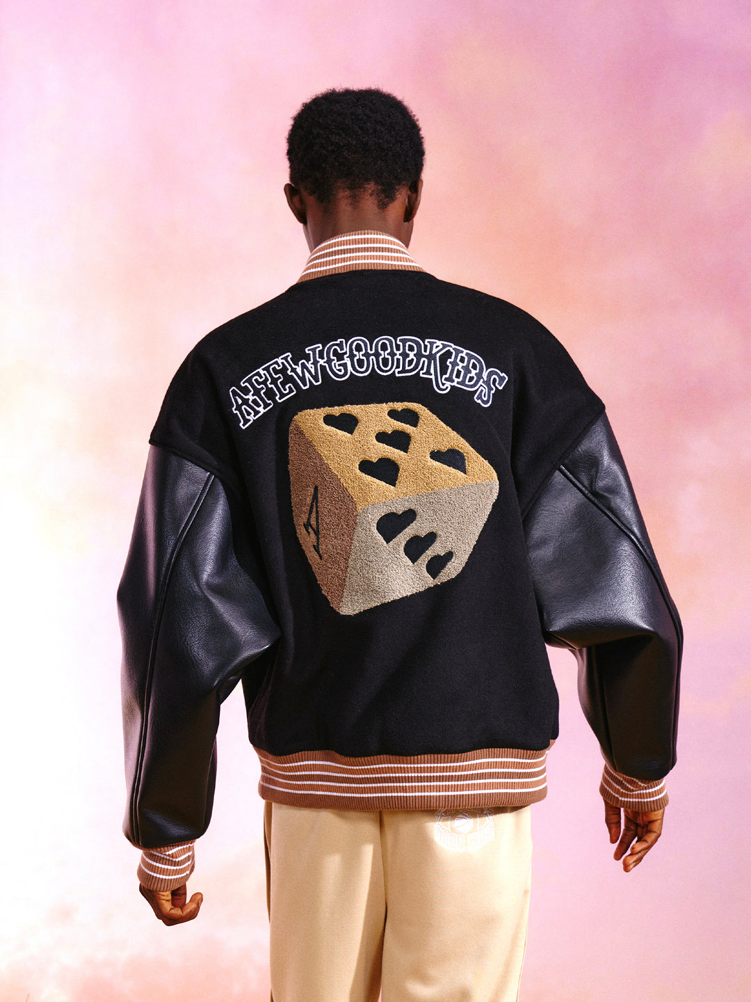 DONACARE(AFGK) "Dice Leather Varsity Jacket"