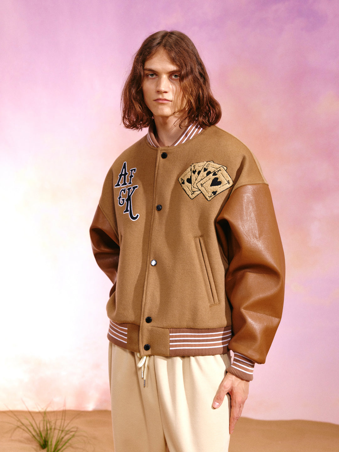 DONACARE(AFGK) "Dice Leather Varsity Jacket"